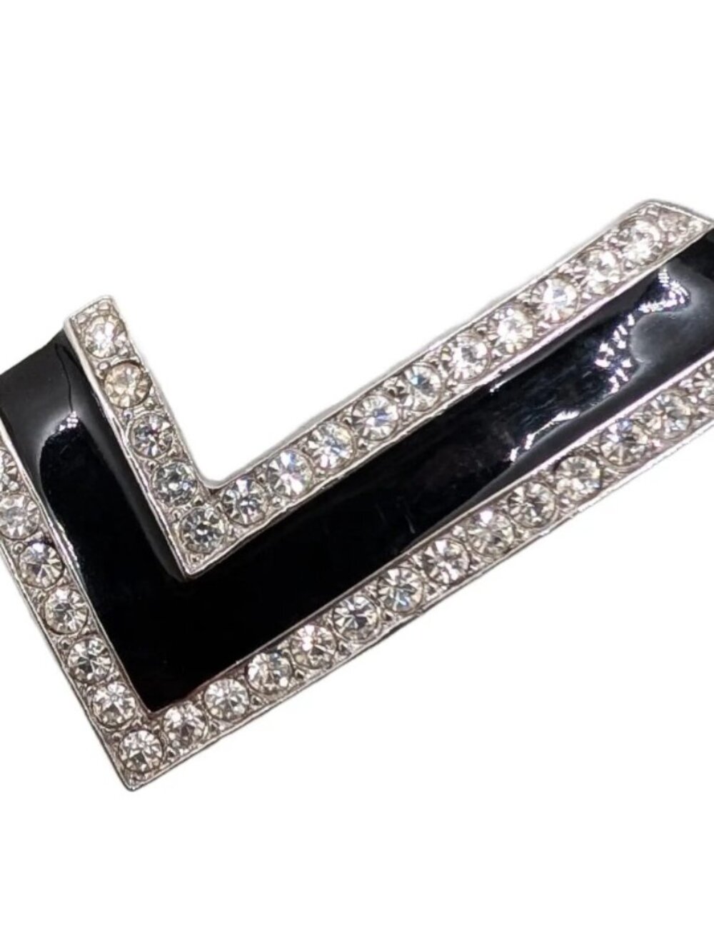 Vintage 1980s Signed Alexis Kirk Black Enamel & Clear Rhinestone v Shape Brooch